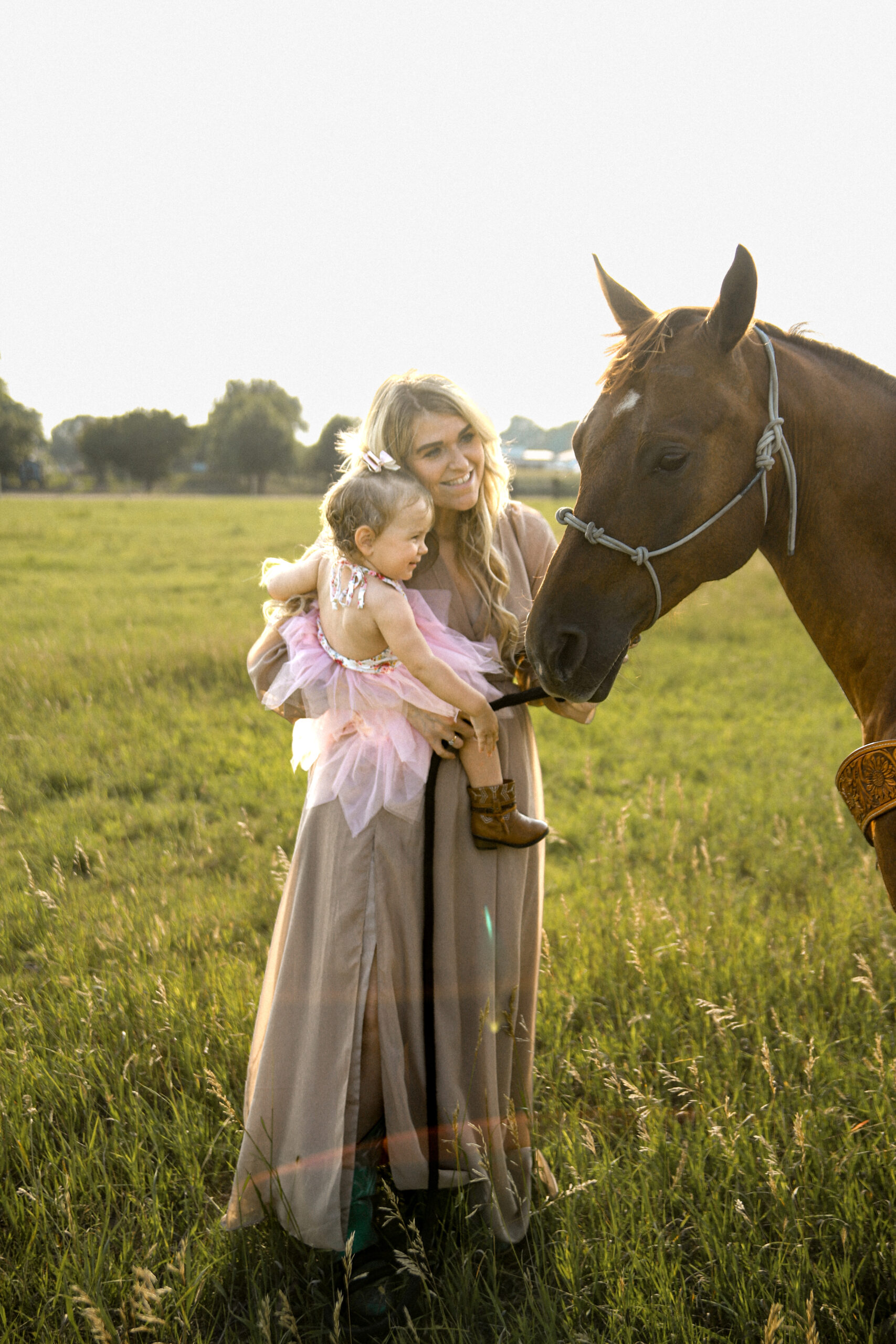 Lexy Tabbert family and horses in golden field, Mobridge South Dakota